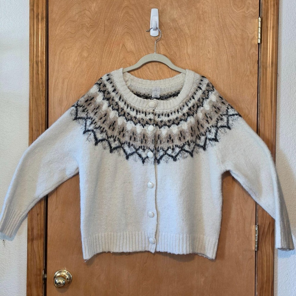 Joie Fair Isle Alpaca Wool Blend Cardigan Cream White XL Nordic Chic Sweater